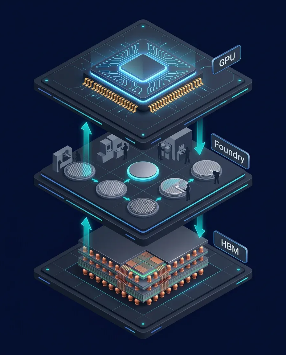 Three-layer AI chip chain diagram: GPU, Foundry, and HBM stacked