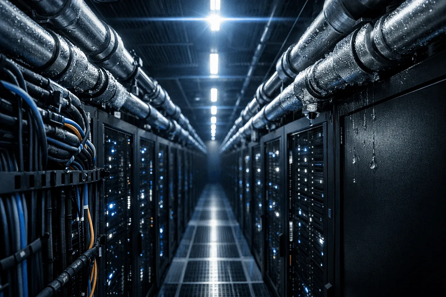 AI data center with rows of GPU racks