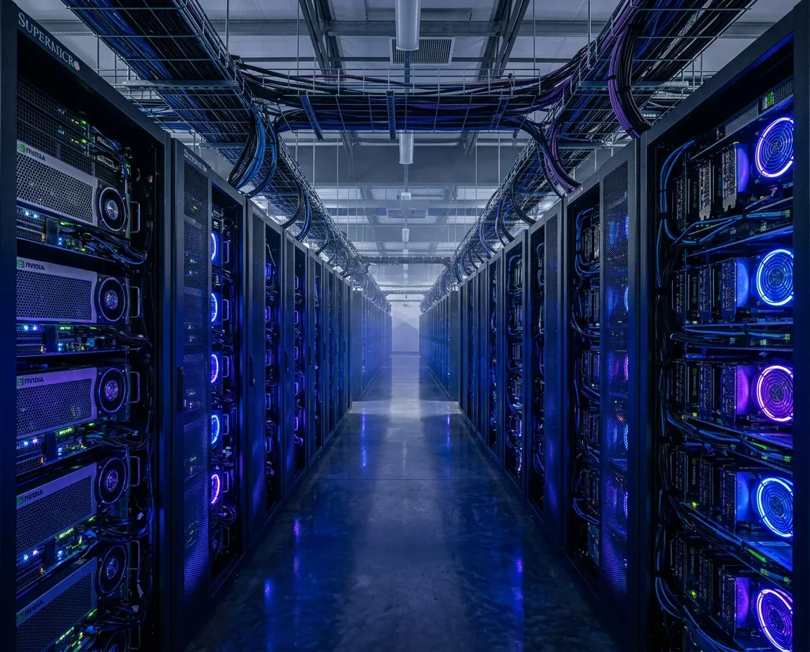 AI data center with rows of GPU servers