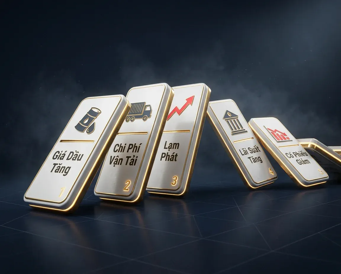 Illustration of the domino effect from rising oil prices to falling stock valuations