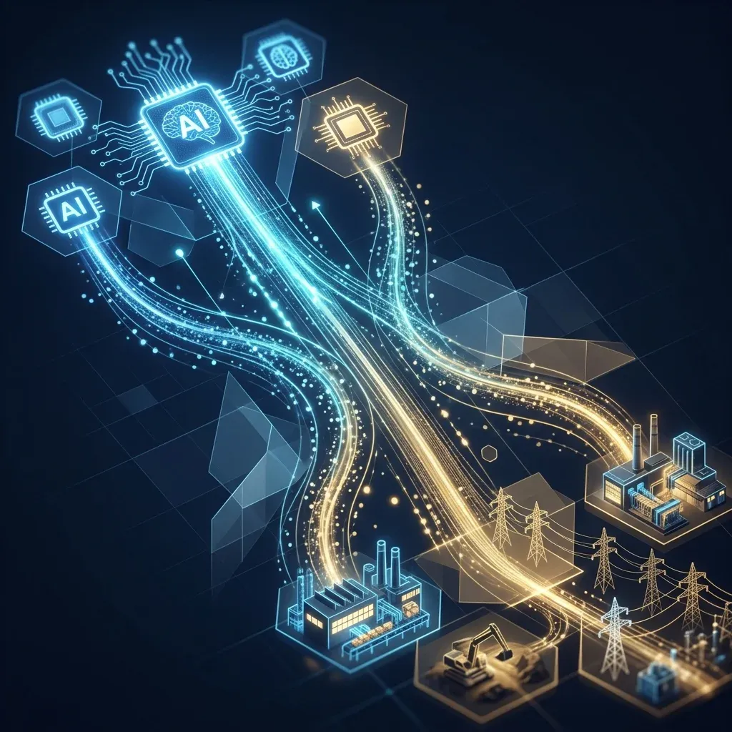 Illustration of capital flowing from AI to the real economy — factories, infrastructure, mining