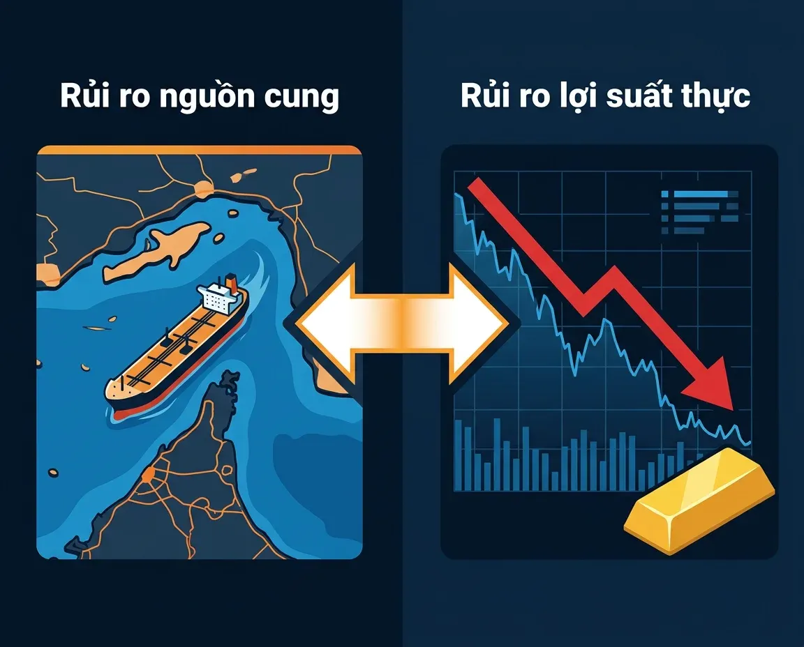 Two risk channels: supply risk (oil) vs. real yield risk (gold)