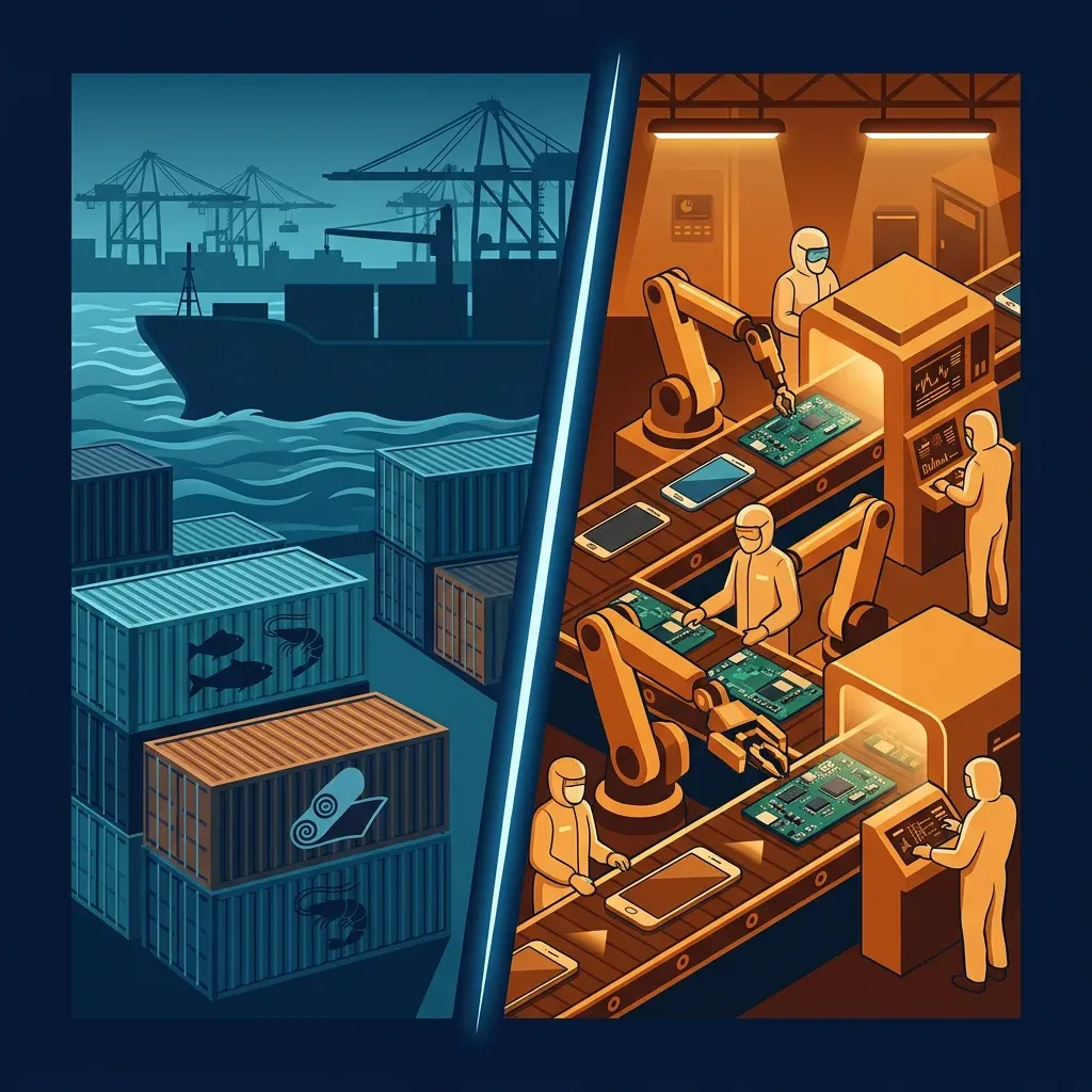 Illustration of Vietnam's two export branches: consumer goods shipped to the U.S. and the FDI electronics assembly chain