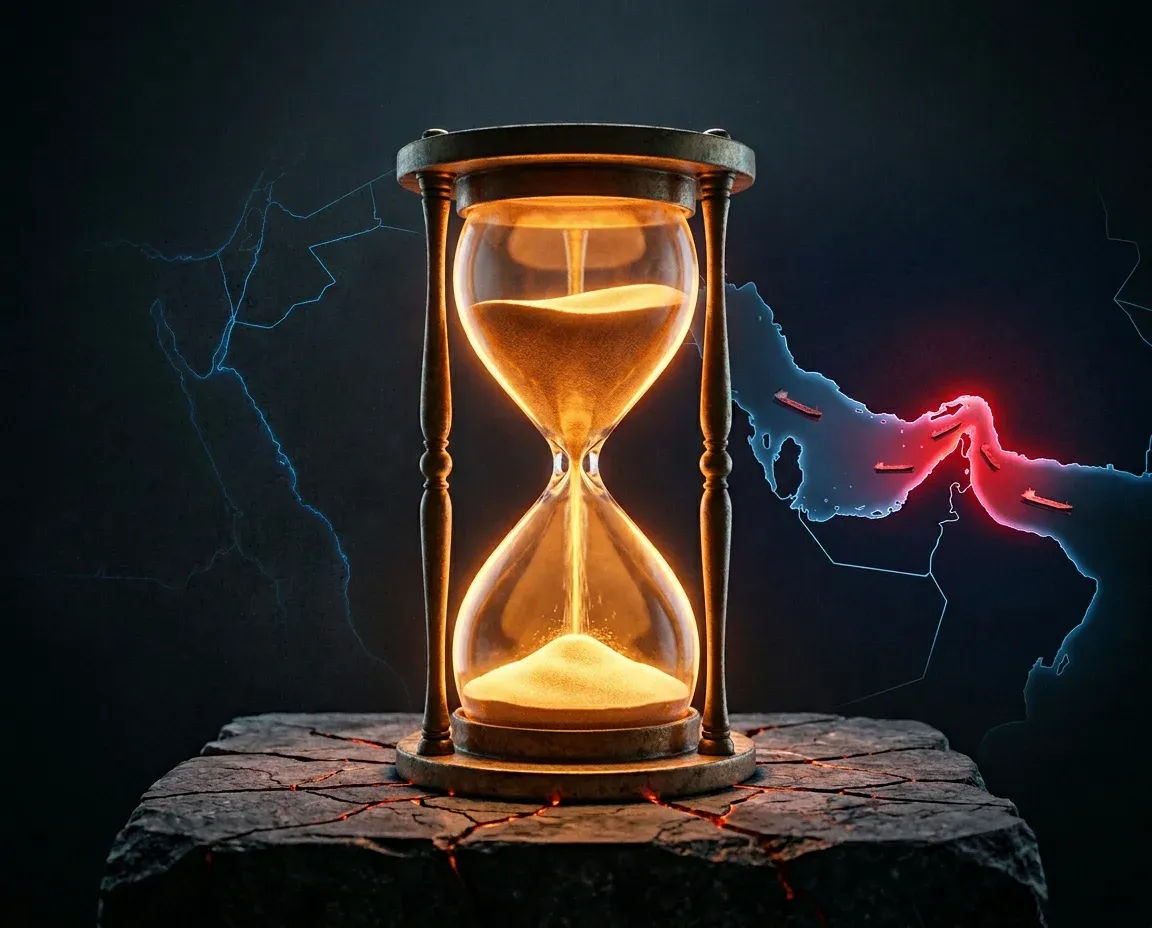 Hourglass and the Strait of Hormuz — symbolizing the temporary nature of the deal