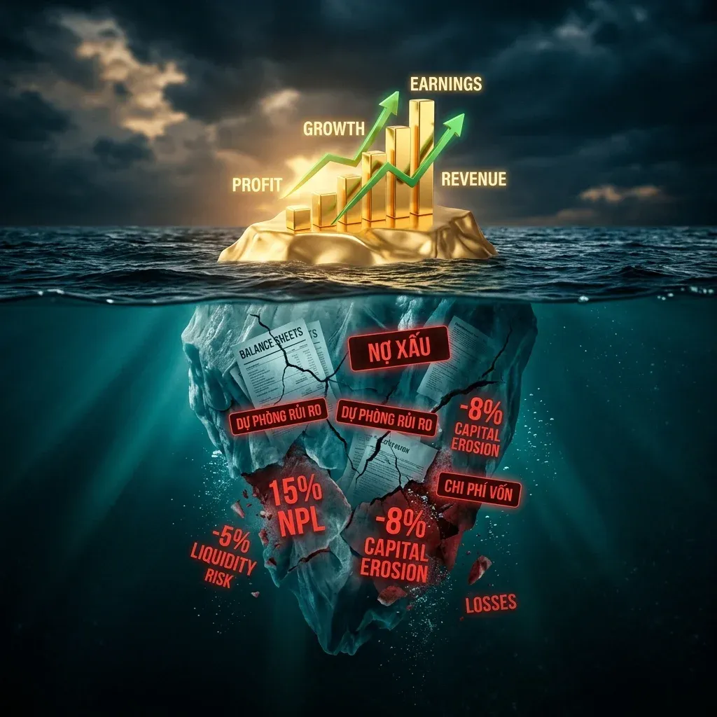 Risk illustration: growth above the surface, NPL and funding costs below