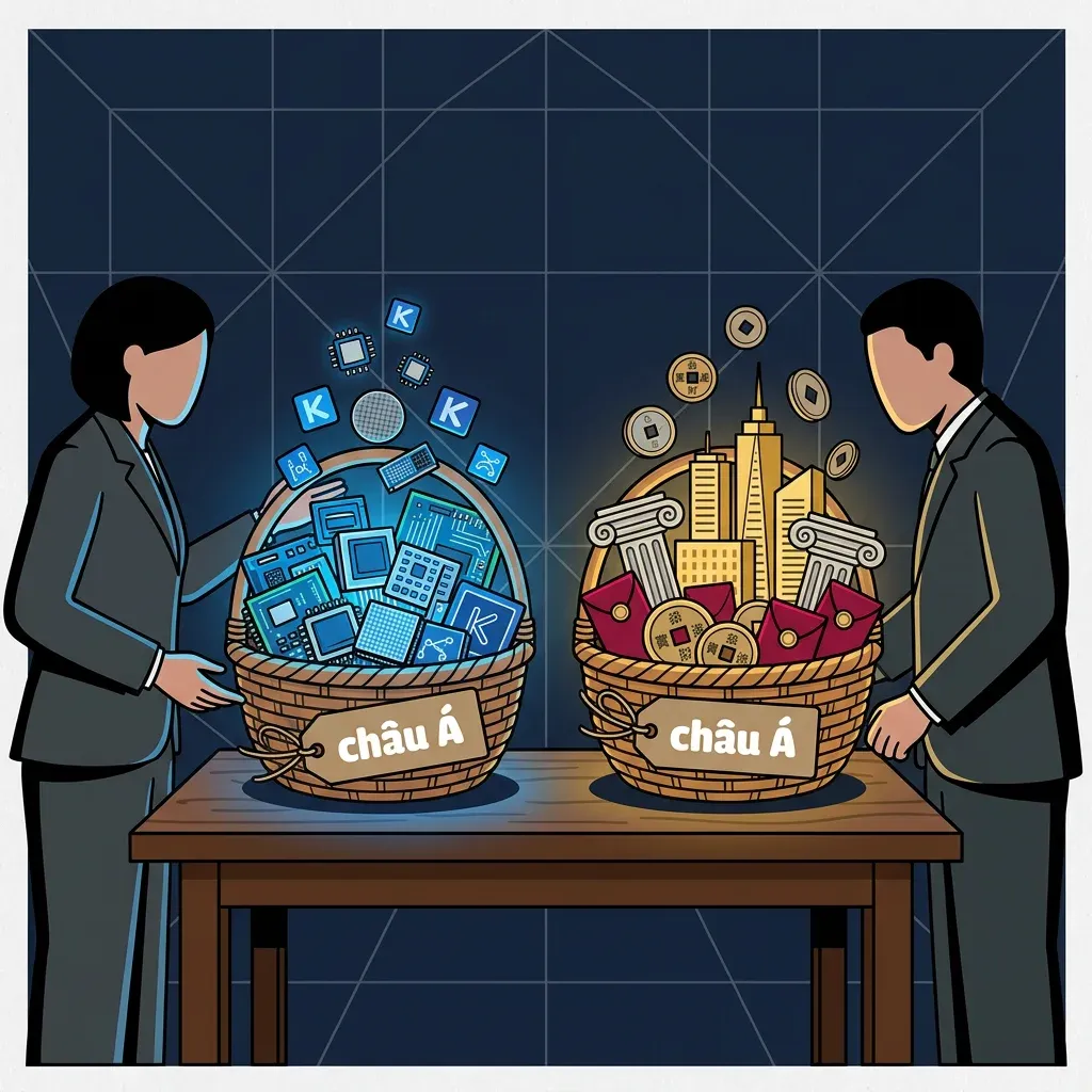 Illustration of two investors standing before two "Asia" baskets that look alike externally but contain completely different holdings