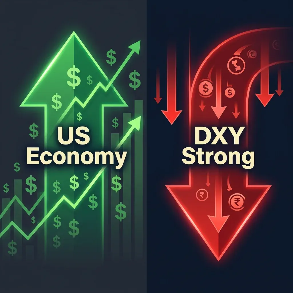 Illustration of two opposing forces: strong US economy supports exports while strong DXY pulls capital from emerging markets