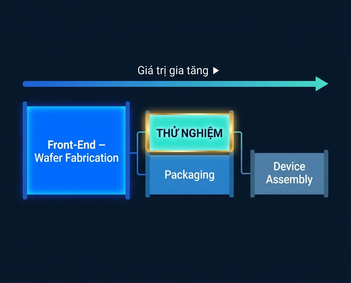 Minh họa chuỗi giá trị bán dẫn: khâu thử nghiệm nằm trong back-end, cao hơn lắp ráp nhưng chưa phải front-end