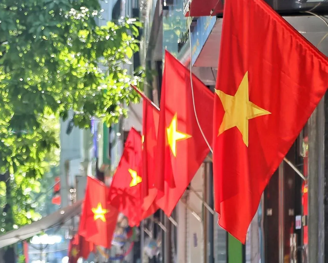 Vietnamese flags hung on the street for the 30/4 holiday