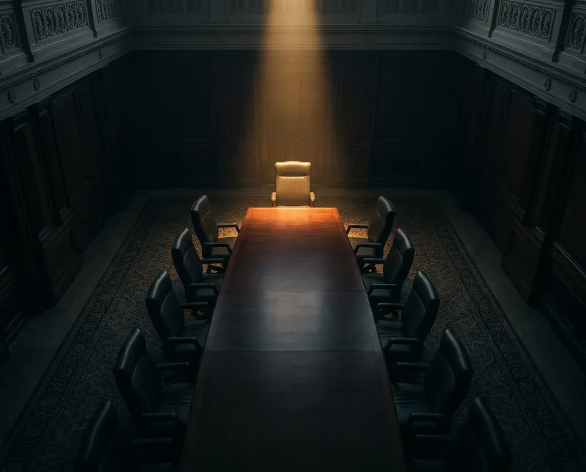 FOMC meeting room viewed from above, the Chair's seat illuminated among 12 chairs around the long table