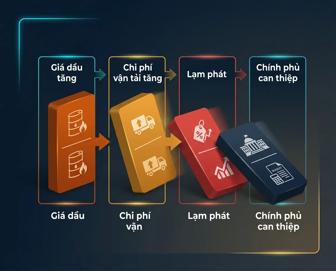 Domino chain of impact: rising oil prices lead to higher transport costs, inflation, and budget intervention