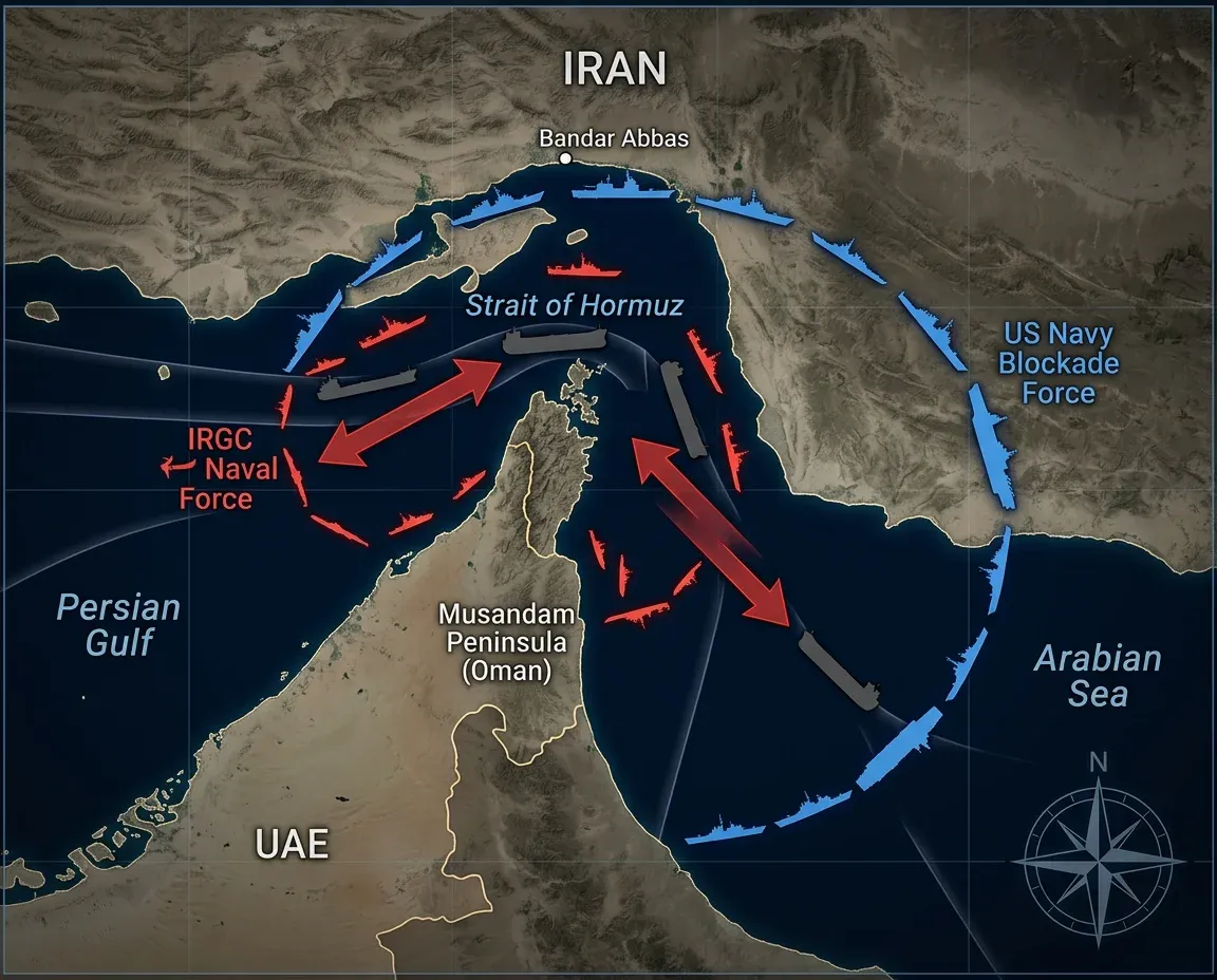 Map of the two-way blockade at the Strait of Hormuz