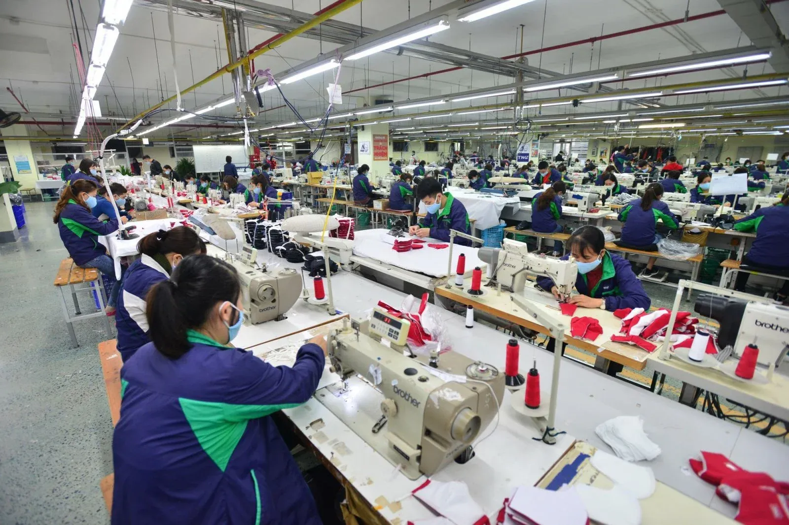 Vietnamese garment factory workers on an export production line