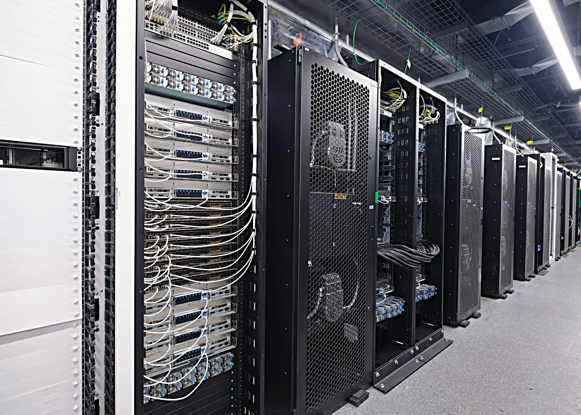 GPU server racks in a large-scale AI data center