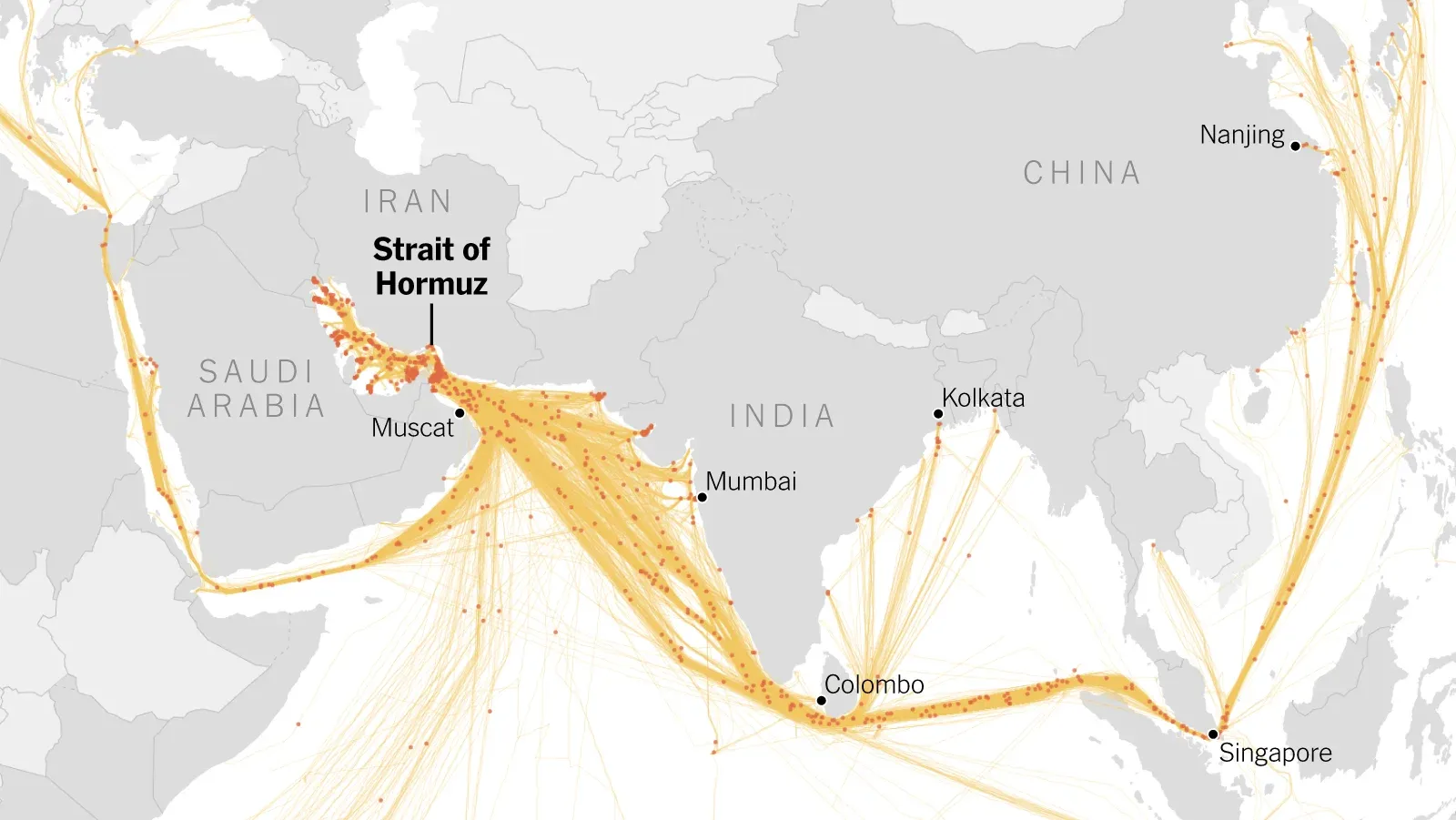 Map of the Strait of Hormuz and crude oil shipping routes