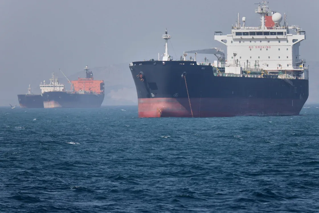 Oil tankers at the Strait of Hormuz; Iran war tensions have pushed Brent crude up roughly 37% since late February