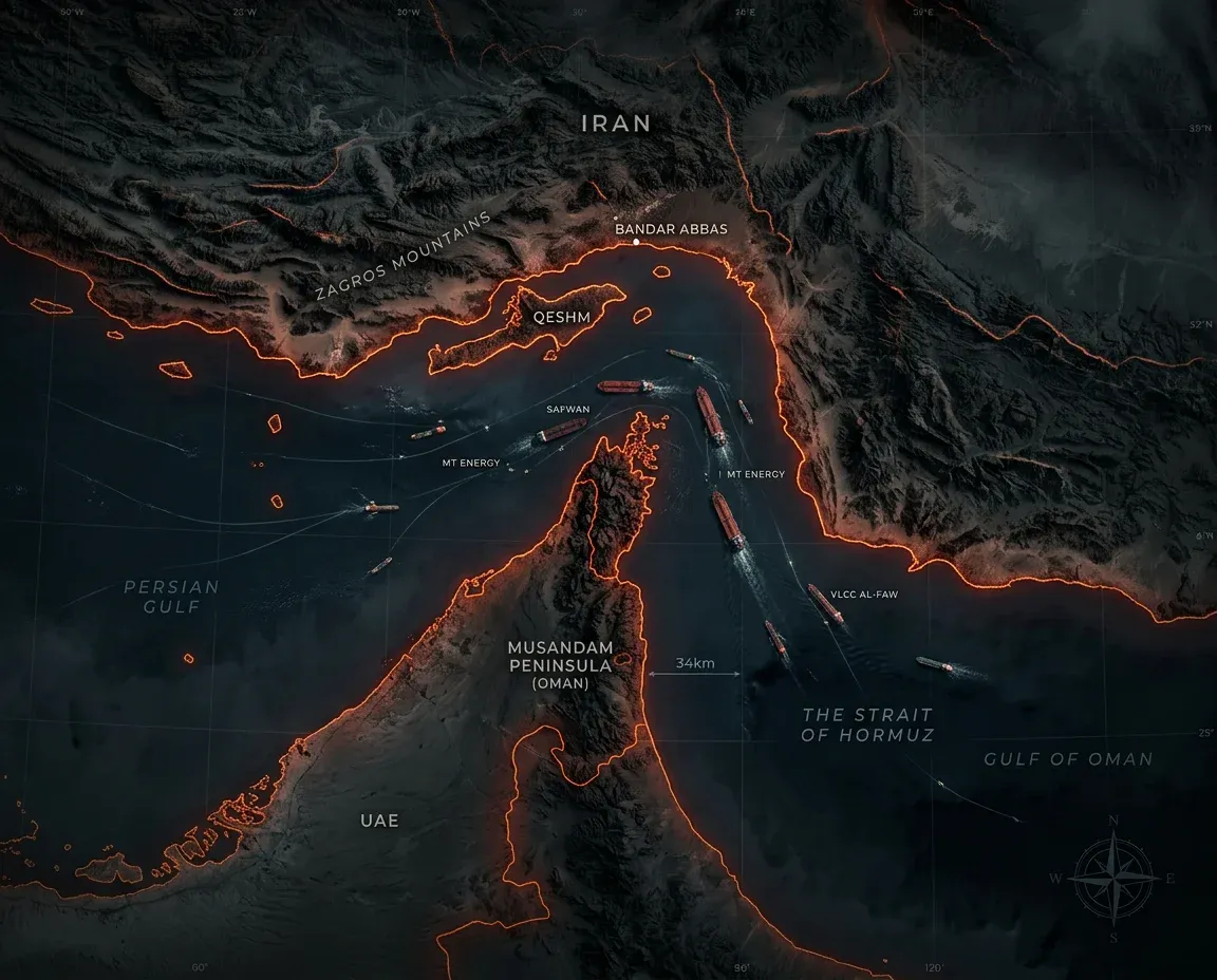 The Strait of Hormuz — the geopolitical chokepoint connecting Iran tensions to global commodity markets