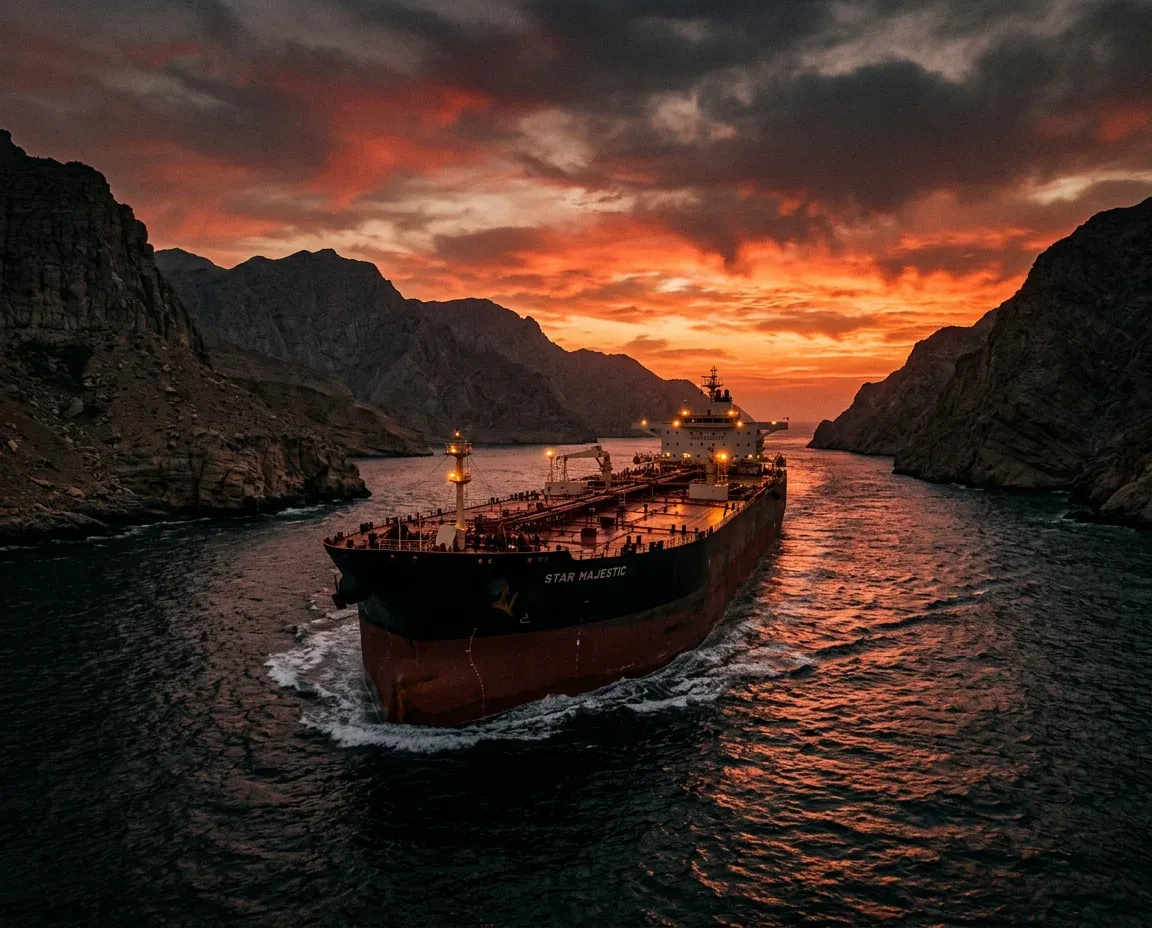 An oil tanker navigating the Strait of Hormuz under geopolitical tension