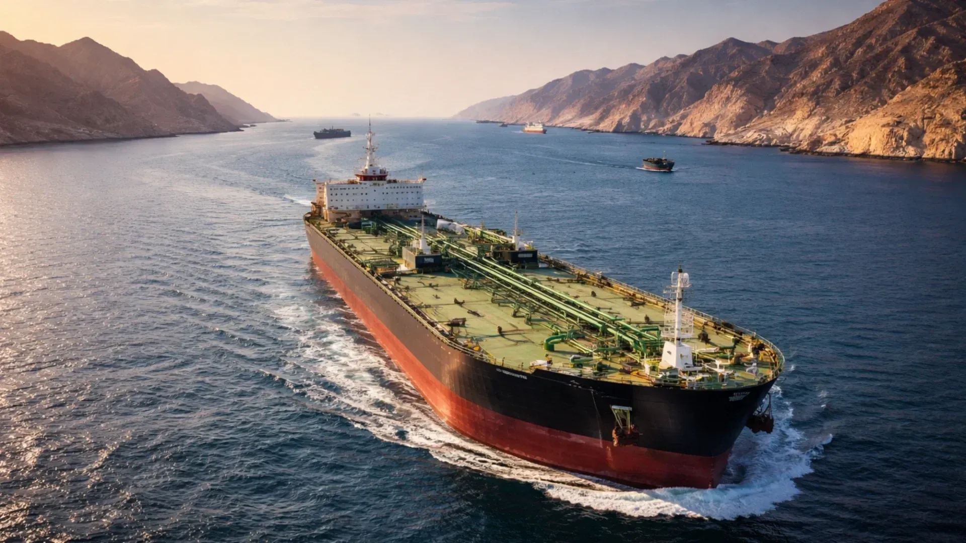 Oil tanker passing through the Strait of Hormuz, a symbol of geopolitical risk