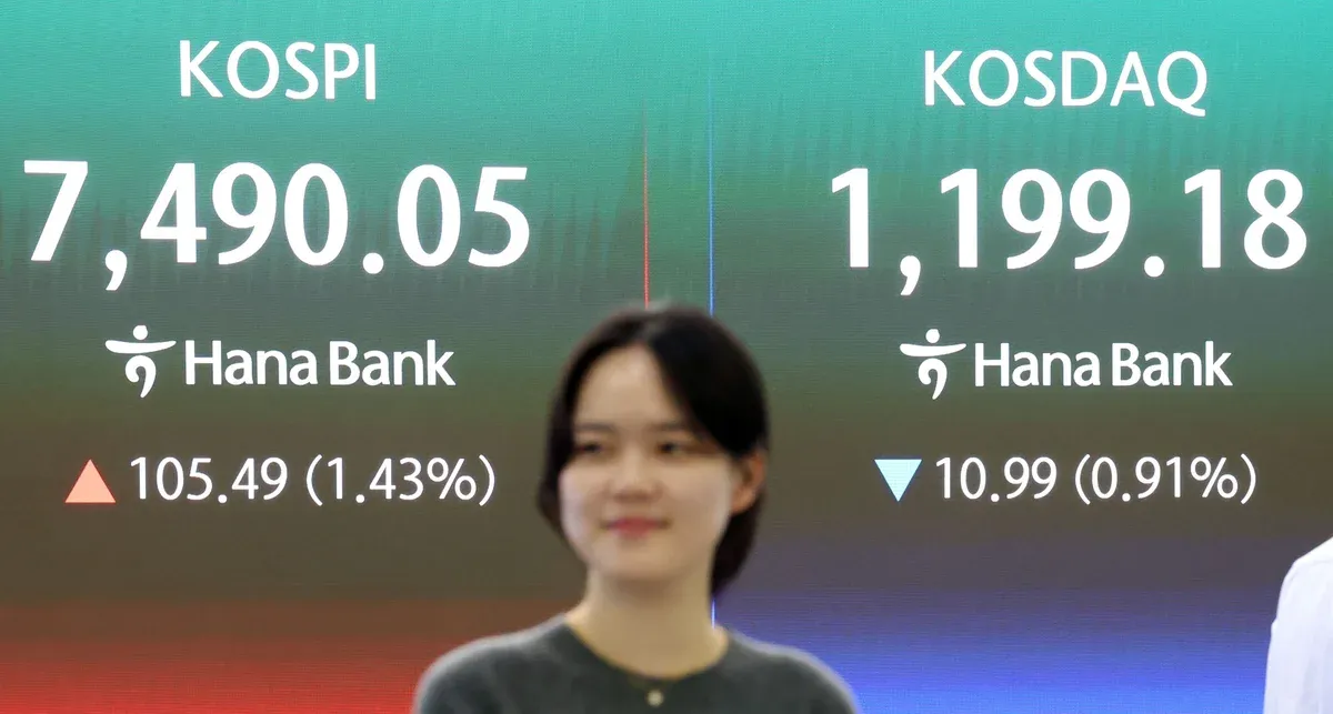 Electronic board at the Korea Exchange showing KOSPI at 7,490 points