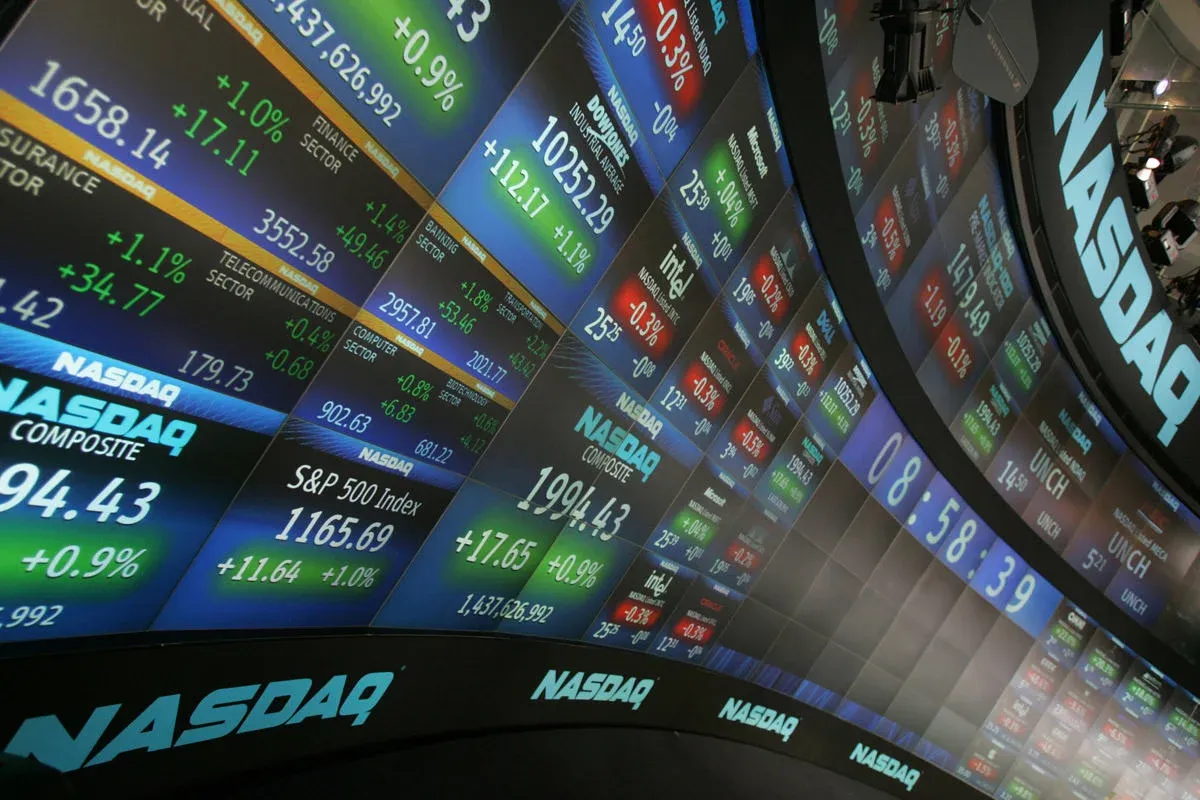 Nasdaq electronic ticker board displaying market data in real time