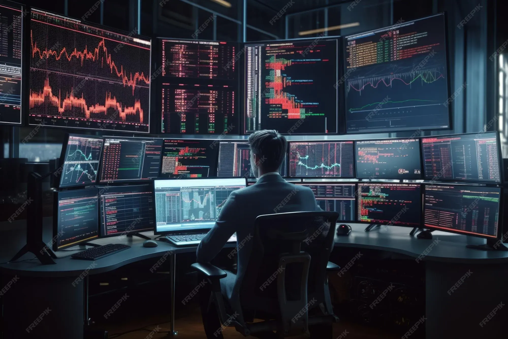 Stock exchange trading floor with red screens