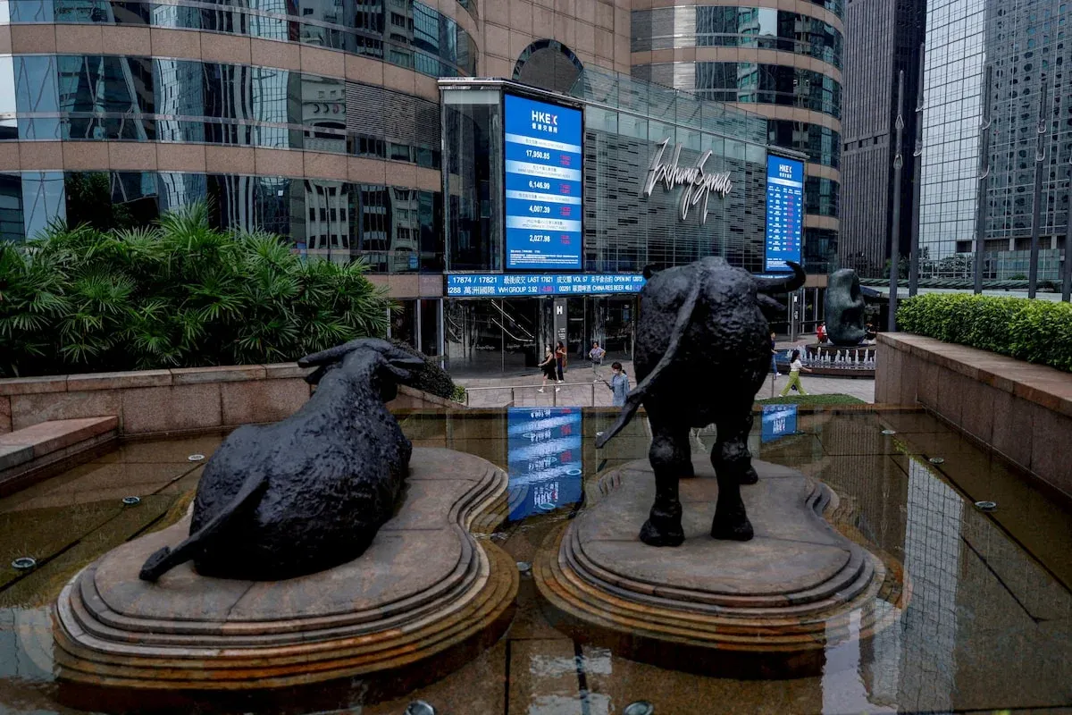 International stock exchange building with bull and bear statues